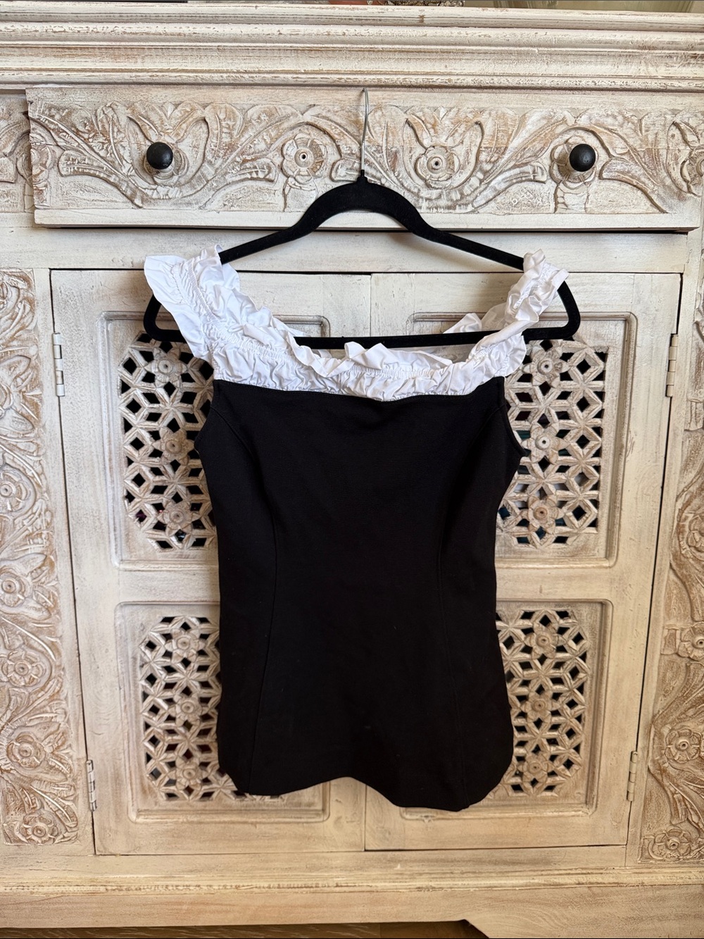 Maeve Black Tank with White Ruffled Neckline